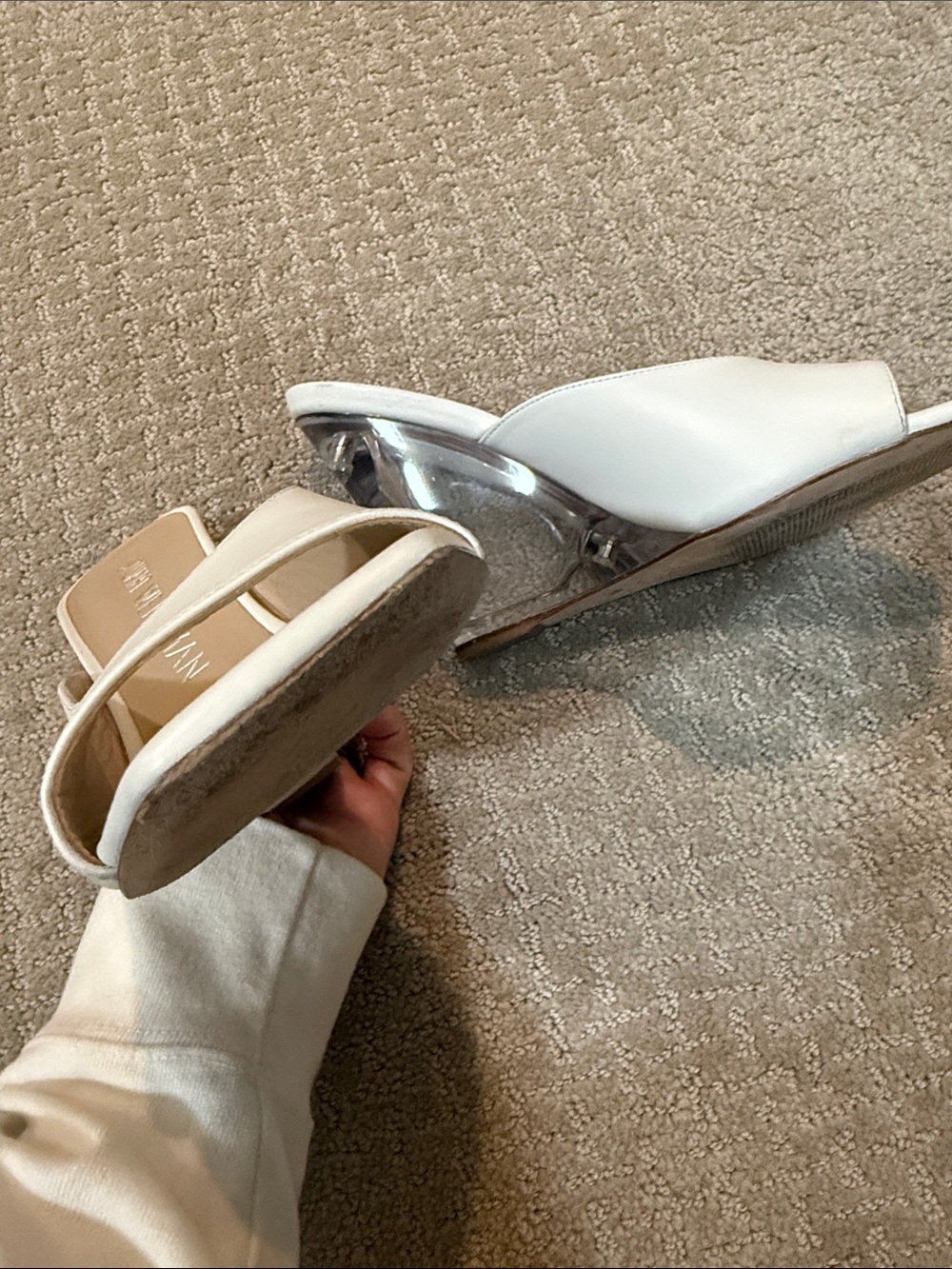 Stuart Weitzman White Leather Open-Toe Wedge Sandals with Clear Heel - Picture 6 of 6